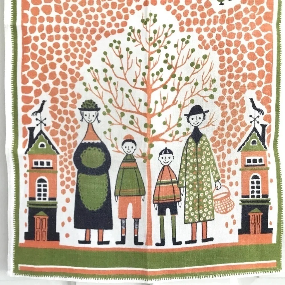 Vintage 1950s Swedish Tea Towel Family Outdoor Scene Wall Hanging